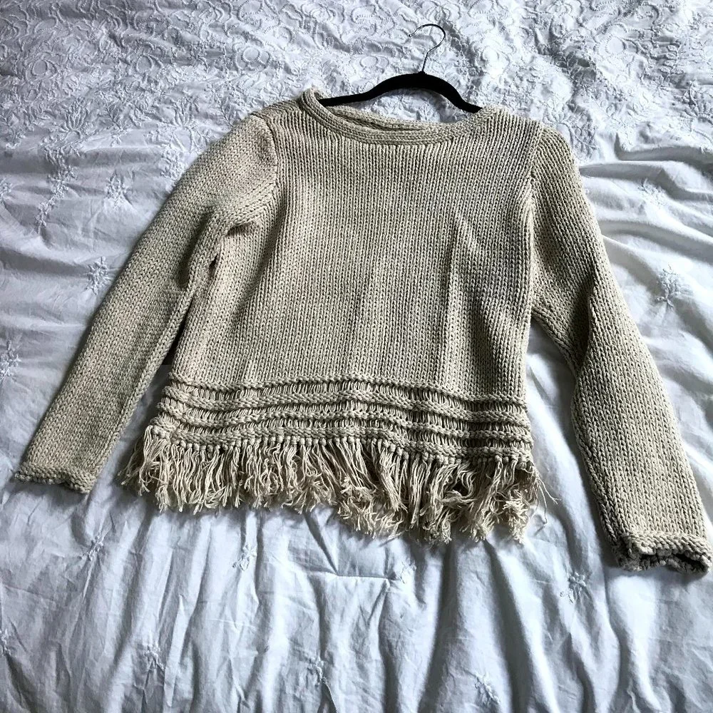 LOFT Beige/Tan Fringe Sweater Sz M - Picture 2 of 4